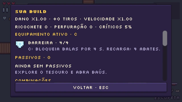 The inventory showing the equipped active item and its charge.