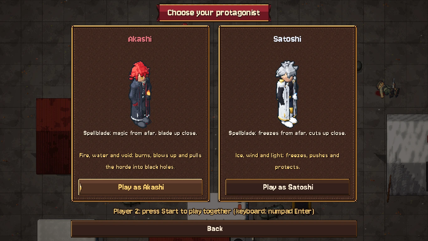 The in-game protagonist selection screen: Akashi and Satoshi.