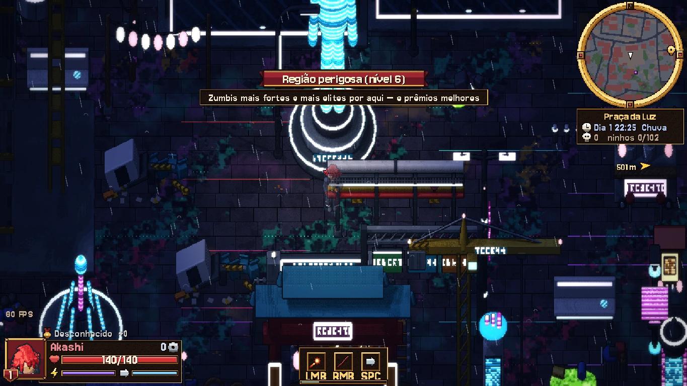 Neo-Vale's neon streets in the rain.