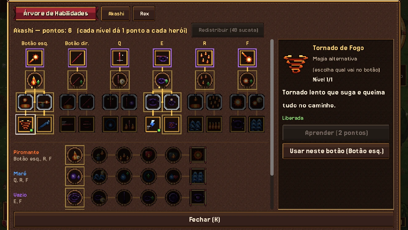 Akashi's skill tree, with selectable nodes and spell alternatives.