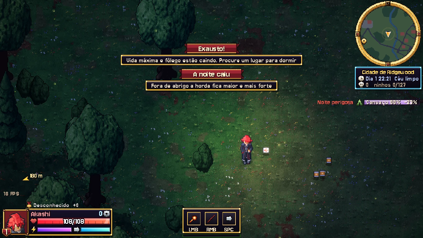 The Survival Mode HUD displaying fatigue and cold at night.